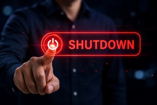 Person is pressing a digital shutdown button on a futuristic interface displaying the word shutdown