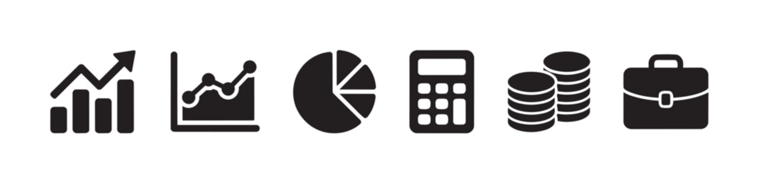 Collection of simple black icons representing business finance, including bar charts, line graphs, pie chart, calculator, coins, and briefcase.