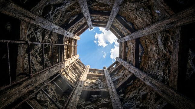 Upward view from inside an old stone well shaft towards the blue sky.