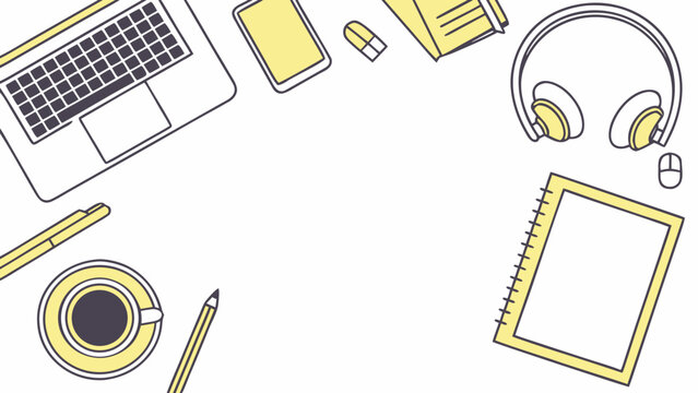 Overhead view of a creative workspace with laptop, phone, headphones, and drawing tools on white