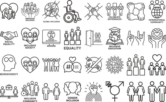 Diversity and inclusivity thin line vector icon bundle featuring accessibility equality gender and multicultural community symbols
