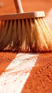 Vertical Close Up of Tennis Court Line Cleaning on Clay.