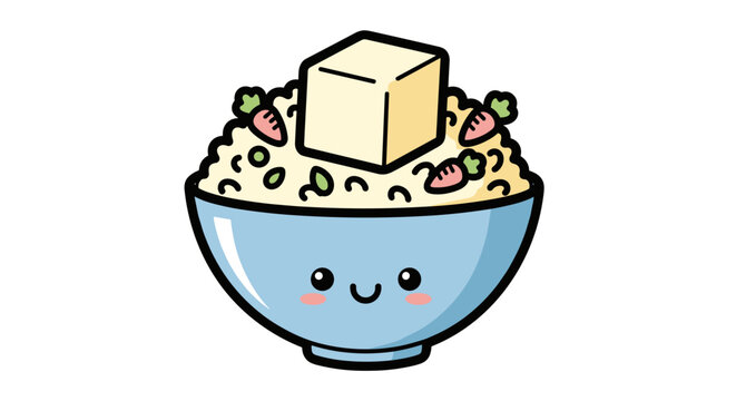 Cute cartoon illustration of a smiling blue bowl filled with rice, topped with a cube of tofu and garnished with small vegetables on a white background