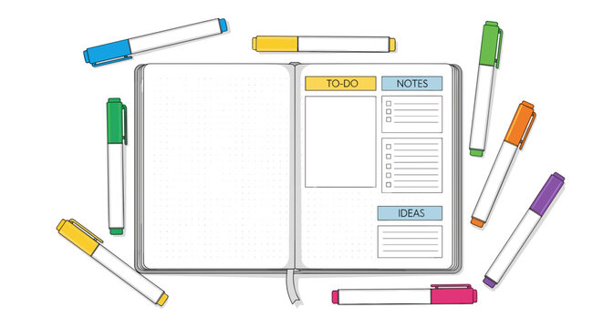 Open bullet journal with colorful markers scattered around, featuring organized to-do lists and notes on crisp white pages, overhead view