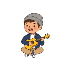 Obraz premium Cute Little Boy Sitting Cross Legged Playing Ukulele Guitar