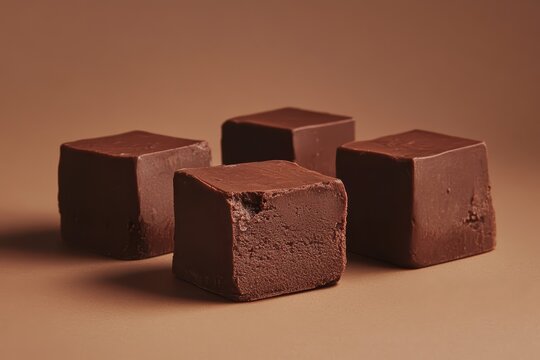 Four squares of delicious chocolate fudge on brown background