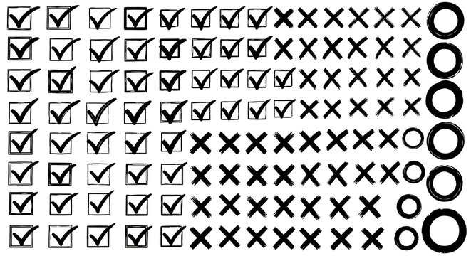 Hand drawn black checkmarks crosses and circles icon set for survey and voting design with checkmark selection questionnaire scribble approved rejected