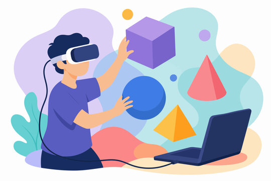 Boy Learning Math with Virtual Reality Headset and Laptop