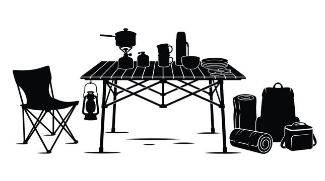 Silhouette illustration of a camping table with cooking equipment and a folding chair set for outdoor activities in a simple black and white graphic design style
