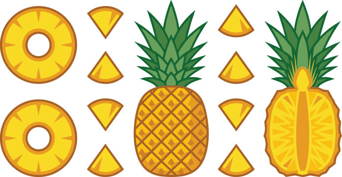 Pineapple Slice Collection Vector Illustration with Whole Halved and Cut Tropical Pineapples Isolated for Fresh Fruit Food and Nutrition Design