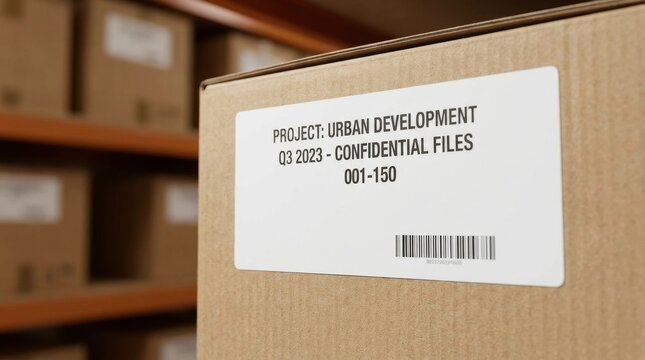 Close up on an archive box label detailing 'Project Urban Development' confidential files from Q3