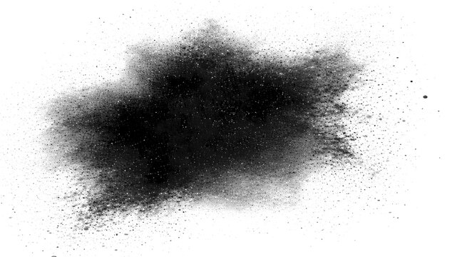 Black charcoal powder explosion on white background, dark soot dust cloud burst, abstract ink splash texture for design overlays
