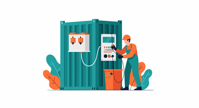 Electrician Technician Repairing Electrical Control Panel on Industrial Shipping Container, Professional Maintenance Service Vector Illustration