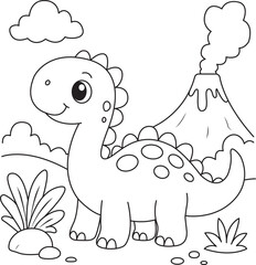 Cute dinosaur coloring page for kids. Outline vector illustration of a happy sauropod with volcano background. Prehistoric landscape coloring book. © O