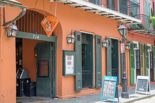 New Orleans, LA, USA - May 10, 2026: Front of Big Dawg Pizza on St. Peter Street in the French Quarter