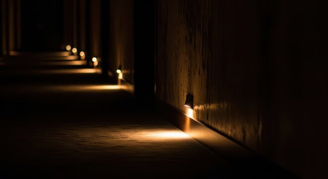 Low level pathway lighting illuminates a dark, textured walkway at night, guiding guests through a mysterious ambiance.