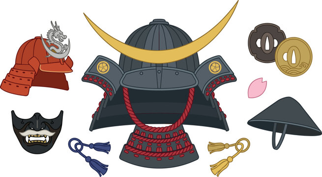 Samurai Armor Collection Vector Illustration with Japanese Warrior Helmet Mask Weapons and Traditional Cultural Accessories Isolated for Historical Design