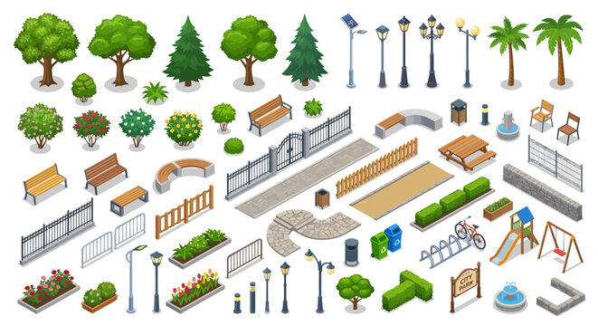 isometric park elements collection trees benches and playground