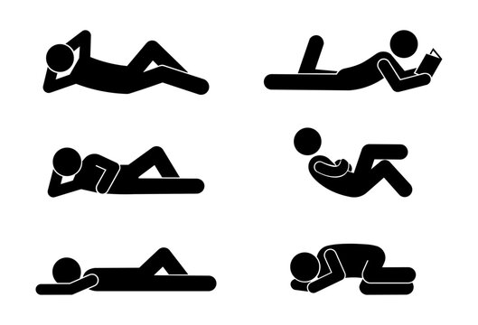 Various Sleeping Positions Stickman Icon Set Resting Lying Relaxing Silhouette Vector Illustration.