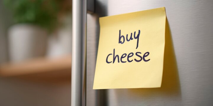 the text buy cheese written on a sticky note, stuck to a stainless steel refrigerator.