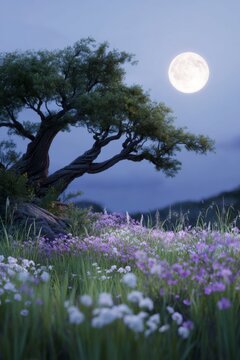 a moonlit meadow with wildflowers, an ancient tree in the background
