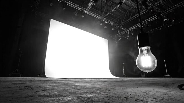 Dramatic film studio interior with white backdrop, smoke effect, and hanging lightbulb creating a cinematic atmosphere