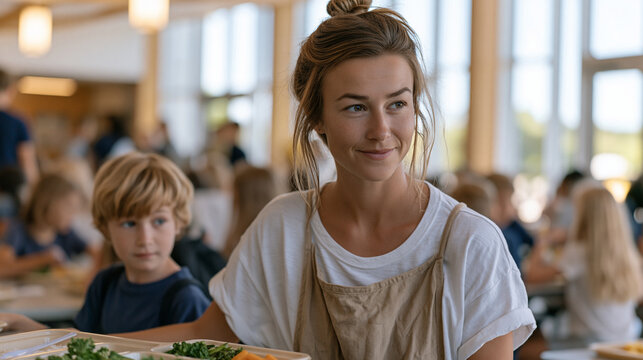 Lunchroom aide at summer school program encouraging picky-eating child to try new vegetable from lunch tray, patient encouraging expression, cafeteria busy behind them with other children eating, Ju