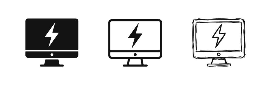 Digital power and fast processing icon set with lightning bolt on computer monitor