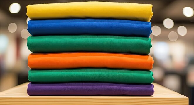 A stack of colorful t-shirts is neatly arranged on a wooden table. The shirts display a vibrant spectrum of hues, including yellow, blue, green, orange, purple, and red.
