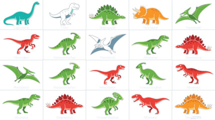 Dinosaur Species Identification Chart Vector Illustration Set Featuring T-Rex Triceratops Stegosaurus Brachiosaurus and Pterodactyl Extinct Reptiles for Educational Designs © Md