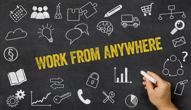 Work From Anywhere written on a blackboard with icons