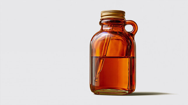 Single amber glass syrup bottle with handle and metal screw cap on gray surface