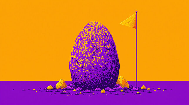Abstract purple textured monolith peak with yellow flag on orange sky, mountain