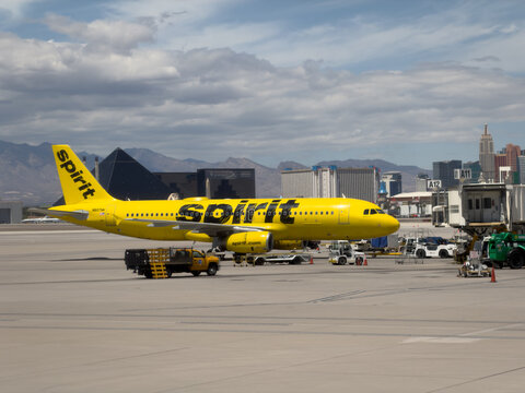 LAS VEGAS, NV, APR 20, 2028: bright yellow Spirit Airlines jet on the runway at Harry Reid International Airport, shortly before the airline declared insolvency and ceased operations