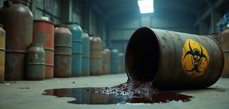 Corroded barrel leaks hazardous waste on concrete floor. Dimly lit industrial warehouse setting shows storage containers. Danger symbol on drum indicates toxic materials. Environmental contamination