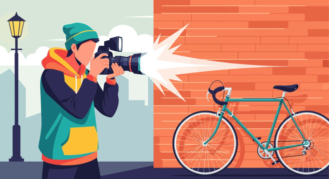 Man taking photo of bicycle with camera.