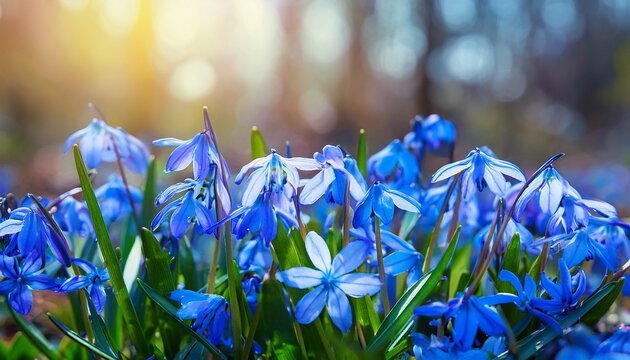 beautiful nature background with blue snowdrop flowers growth in garden close up blue flowers of scilla siberica first early spring perennial primroses gentle nature image spring floral landscape