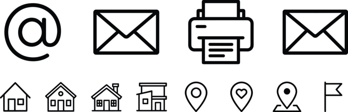 Communication and location silhouettes, black vector icons of email, printer, house, map pin, flag design for interface illustration