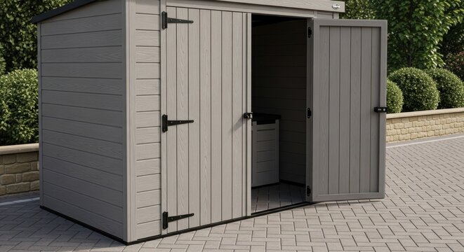 Medium Sized Light Grey Composite Outdoor Storage Shed with Double Doors Open to Reveal Interior Space