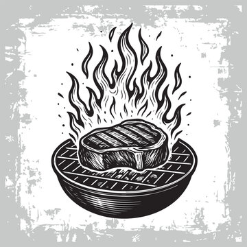 Vintage vector engraving illustration of a juicy grilled beef steak with rosemary, sea salt, and a sharp knife on a rustic board, detailed black and white line art in tattoo style isolated on a white 