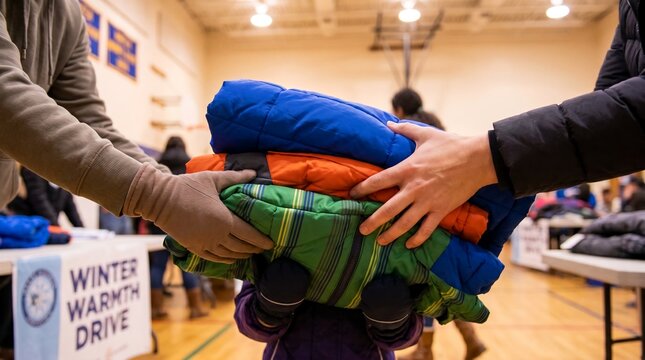 volunteer hands handing winter coats children charity warm clothing donation kindness help volunteer hands handing new winter coats to children for clothing donation drive charity nonprofit