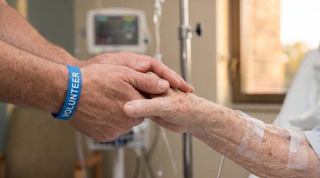volunteer hands holding hospital patient comfort care empathy kindness wristband sick support volunteer hands holding hand of hospital patient with wristband for comfort care nonprofit visuals