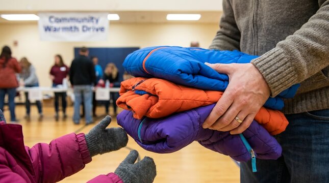 volunteer hands handing winter coats children charity warm clothing donation kindness help volunteer hands handing new winter coats to children for clothing donation drive charity nonprofit