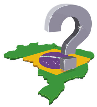 Isometric map of Brazil textured with the national flag under a large silver question mark, representing political crisis, economic doubts, and future challenges. (cut out)