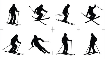 Naklejka premium Skiing silhouettes collection, black vector icons of skiers in motion, freestyle jumps, downhill skiing design for winter sports illustration