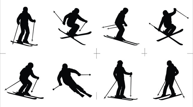 Skiing silhouettes collection, black vector icons of skiers in motion, freestyle jumps, downhill skiing design for winter sports illustration