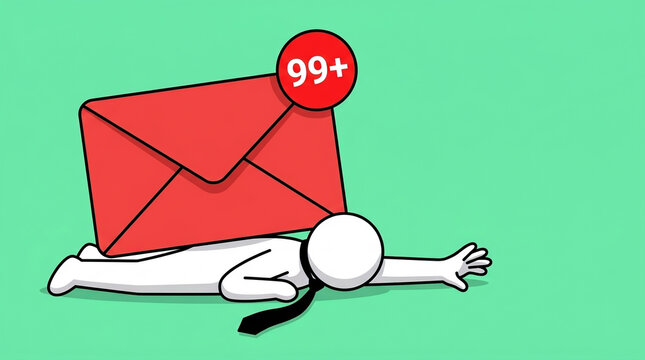 Concept of email overload, depicting a businessman crushed by over 99 email notifications in a giant red envelope. Placed on a green background.