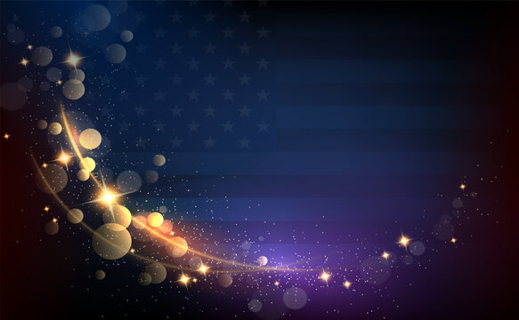 Abstract postcard with an American flag silhouette and a golden arc of fine tinsel.