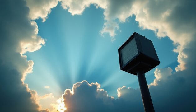 Floodlight monitors air quality with dramatic sun rays piercing through clouds in sky. Device measures atmospheric conditions against blue sky with bright sunlight.