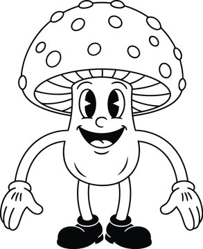 Cute cartoon mushroom character in vintage rubber hose style
